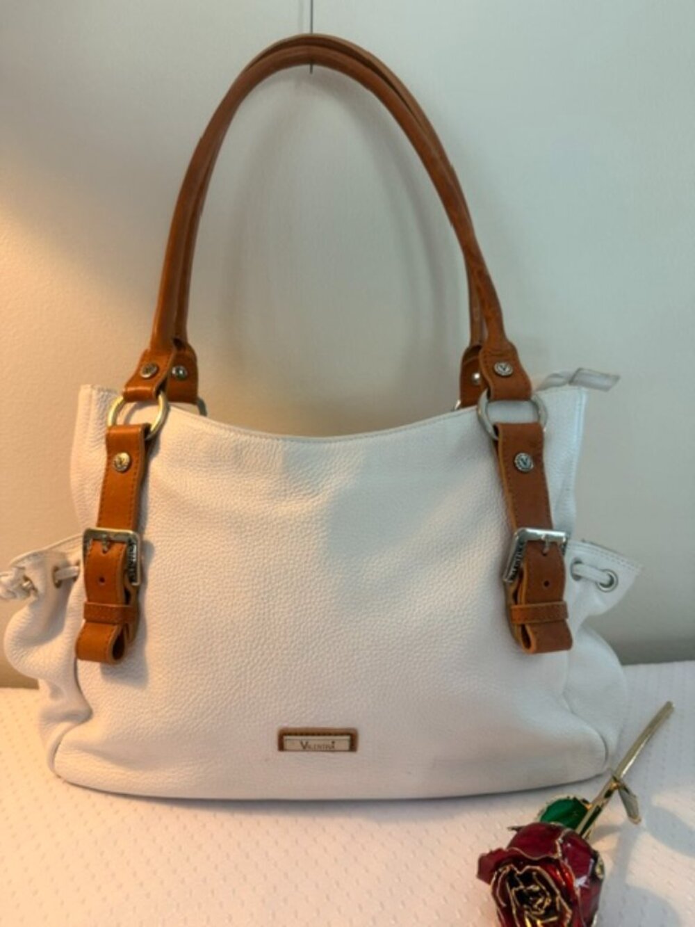 Valentina White Pebbled Leather Shoulder Tote Bag